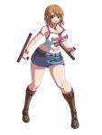  1girl arm_strap blue_skirt boots bracelet breasts brown_eyes brown_footwear brown_hair brups_tv cleavage crop_top denim denim_skirt dual_wielding elie_(rave) heart heart_necklace highres holding holding_weapon jewelry large_breasts navel necklace rave short_hair skirt solo tonfa weapon white_background wide_hips 