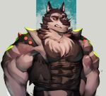  absurd_res body_hair canid canid_demon canine canis chest_hair demon eye_scar facial_scar fur grey_body grey_fur hellhound helluva_boss hi_res male mammal muscular muscular_male o_reowoof red_eyes scar serious_face solo vortex_(vivzmind) wolf 