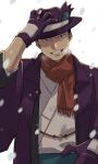  1boy absurdres black_eyes brown_scarf coat commentary_request day giovanni_(pokemon) giovanni_(sygna_suit)_(pokemon) gloves grin hand_on_headwear hat highres looking_at_viewer male_focus open_clothes open_coat outdoors oyu_no_mizuwari pokemon pokemon_masters_ex purple_coat purple_gloves purple_headwear scarf smile snowing solo teeth 
