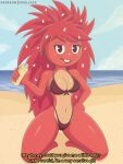absurd_res beach bikini blush breasts clothing crab_art_studio dialogue digital_media_(artwork) english_text female flaky_(htf) front_view fur hair happy_tree_friends hi_res humanoid looking_at_viewer mammal navel open_mouth porcupine red_body red_fur rodent sand seaside simple_background sky small_waist smile solo swimwear teeth text thick_thighs water wide_hips