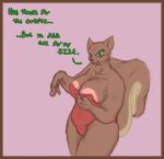 angry annoyed anthro areola areola_slip axentooth big_areola big_breasts breasts clothed clothing dress female glistening glistening_eyes green_eyes hand_on_breast holding_breast huge_areola illah_(axentooth) lipstick looking_at_viewer makeup mammal mature_anthro mature_female open_mouth red_clothing red_dress rodent sciurid skimpy solo standing text tree_squirrel wardrobe_malfunction