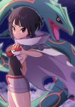  1girl absurdres black_hair black_sclera breasts cape colored_sclera commentary_request cowboy_shot highres holding holding_poke_ball looking_at_viewer night night_sky poke_ball poke_ball_(basic) pokemon pokemon_(creature) pokemon_oras rayquaza red_eyes rope_belt shooting_star shorts sideboob sky ssrg_srrg star_(sky) torn_cape torn_clothes zinnia_(pokemon) 