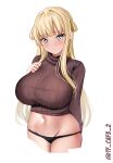  1girl blonde_hair blush breasts brown_sweater closed_mouth commentary_request cowboy_shot fletcher_(kancolle) hair_flaps hand_on_own_chest highres kantai_collection large_breasts legs_together long_hair looking_at_viewer midriff navel one-hour_drawing_challenge simple_background solo sweater tf_cafe twitter_username white_background yellow_eyes 