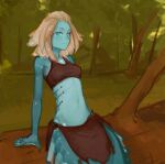  blue_body blue_eyes blue_skin breasts clothed clothing female forest gills grass hair humanoid legless looking_at_viewer lumira_(portals_of_phereon) marine membrane_(anatomy) merfolk navel plant portals_of_phereon reclining small_breasts small_waist solo syvaron tree webbed_hands white_hair 