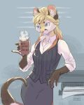 anthro biped blue_eyes bottomwear clothed clothing cute_fangs english_text fangs female fur genet hair hi_res holding_mug holding_object kori_genetta looking_away mammal mug shirt skirt skitalets solo teeth text topwear vest viverrid