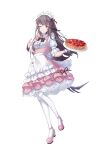  1girl absurdres apron au_ra brown_hair dragon_horns dragon_tail dress eyebrows_hidden_by_hair final_fantasy final_fantasy_xiv food frilled_dress frills full_body hair_ribbon highres holding holding_plate horns long_hair looking_at_viewer maid maid_apron maid_headdress mianyue_qianyu one_eye_closed pantyhose pie pink_dress pink_eyes pink_footwear plate ribbon scales scrunchie solo standing standing_on_one_leg tail warrior_of_light_(ff14) white_background white_pantyhose wrist_scrunchie 