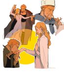 1boy 1girl alternate_universe beard blonde_hair blush braid braided_beard chef chef_hat closed_eyes closed_mouth coat commentary couple dancing dress earrings facial_hair goatee grin hand_grab hat hetero highres holding_hands jewelry kiss kissing_hand long_hair long_mustache long_sleeves looking_at_another mustache one_piece red-leg_zeff shirt short_hair smile symbol-only_commentary thi_(just_minhthi) tied_beard twitter_username vinsmoke_sora white_dress 