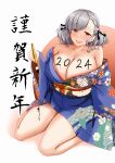  1girl 2024 absurdres aizawa_u-ji alternate_costume black_ribbon blush breasts calligraphy_brush cleavage collarbone floral_print floral_print_kimono girls&#039;_frontline grey_hair highres holding holding_brush ink ink_on_breast japanese_clothes kimono large_breasts looking_at_viewer medium_hair off_shoulder open_mouth paintbrush red_eyes ribbon sitting smile solo spas-12_(girls&#039;_frontline) translation_request wariza 