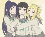  3girls :3 black_hair blonde_hair closed_eyes closed_mouth green_eyes hair_ornament hairclip jeffraysann kurosawa_dia long_hair long_sleeves love_live! love_live!_sunshine!! matsuura_kanan medium_hair mole mole_under_mouth multiple_girls ohara_mari parted_lips pleated_skirt ponytail purple_eyes purple_hair school_uniform skirt teeth yuri 