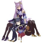  2girls absurdres bare_shoulders bow cape choker closed_eyes double_bun dress full_body fur_trim genshin_impact gloves hair_bow hair_bun hair_ornament hairclip high_heels highres keqing kurattes lap_pillow leotard mona_(genshin_impact) multiple_girls open_mouth purple_eyes purple_hair simple_background sleeping twintails white_background yuri 