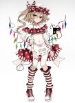  1girl absurdres alternate_costume blonde_hair commentary crystal_wings flandre_scarlet gradient_background hand_on_own_hip hat highres internet_survivor laevatein_(tail) looking_at_viewer mob_cap navel one_side_up ougiikun polka_dot polka_dot_headwear red_eyes shoes single_thighhigh sneakers solo tail thighhighs touhou white_headwear wings wrist_cuffs 