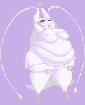 antennae_(anatomy) anthro arthropod belly big_belly blue_eyes breasts chubby_cheeks eyelashes featureless_breasts female generation_7_pokemon hi_res love_handles navel nintendo obese obese_anthro obese_female overweight overweight_anthro overweight_female pheromosa pokemon pokemon_(species) purple_background purple_eyes raised_arms shweetmagnet simple_background solo standing ultra_beast white_body