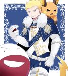  1boy animal_on_shoulder belt blonde_hair blue_background blue_eyes blue_pants elbow_gloves electrode_(pokemon) fur_trim gloves highres holding holding_poke_ball kokuseki50 male_focus pants poke_ball pokemon pokemon_(creature) raichu smile spiked_hair surge_(pokemon) white_gloves 