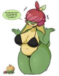 2024 absurd_res anthro appletun big_breasts bikini black_bikini black_clothing black_swimwear breasts clothing collarbone dialogue female generation_8_pokemon green_body hair hair_over_eyes hi_res i_am_kat95 nintendo open_mouth pokemon pokemon_(species) red_hair short_hair simple_background slightly_chubby solo swimwear thick_thighs white_background wide_hips yellow_body