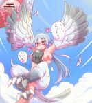  1boy 1girl animal_ears aoihitsuji bar_censor between_breasts bird_ears bird_legs bird_tail black_hair blue_hair blush breasts censored cloud commentary_request cum cum_in_pussy feathers flying hair_between_eyes harpy head_between_breasts heart heart-shaped_pupils hetero large_breasts long_hair monster_girl nipples original penis pussy pussy_juice red_eyes sex sky speech_bubble symbol-shaped_pupils tail talons translation_request vaginal white_feathers 