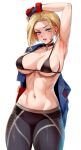  1girl absurdres arm_up armpits bare_shoulders black_bra black_gloves black_pants blonde_hair blue_eyes blue_jacket blush bra breasts cammy_white cleavage collarbone cowboy_shot fingerless_gloves foxyreine gloves highres jacket large_breasts linea_alba looking_at_viewer navel open_clothes open_jacket pants parted_lips scar scar_on_cheek scar_on_face short_hair solo street_fighter street_fighter_6 thighs tight_clothes tight_pants toned underwear v-shaped_eyebrows 