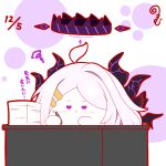  :&lt; ahoge blue_archive blush closed_mouth dated grey_hair halo highres hina_(blue_archive) holding holding_pen horns kurukurumagical long_hair outline paper_stack parted_bangs pen purple_eyes red_outline solo squiggle translation_request very_long_hair white_background 