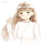  1girl absurdres akebi-chan_no_serafuku akebi_komichi artist_name blush brown_hair cohaqur copyright_name earbuds earphones highres long_hair long_sleeves parted_lips shirt smile upper_body white_background white_shirt 