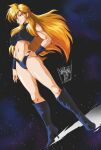  1980s_(style) 1girl black_footwear black_panties black_sports_bra blonde_hair blue_eyes boots breasts danmakuman full_body high_heel_boots high_heels highres large_breasts long_hair metroid navel panties retro_artstyle samus_aran solo space sports_bra standing star_(sky) underwear very_long_hair 