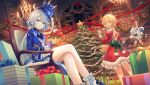  3girls :d asagi_futsuka bell blonde_hair blue_hair blue_headwear blue_jacket bow box christmas christmas_tree closed_mouth crossed_legs dress drooling dutch_angle floating from_below fur-trimmed_dress fur-trimmed_headwear fur-trimmed_sleeves fur_trim furina_(genshin_impact) genshin_impact gift gift_box gloves hair_bow hat heterochromia highres holding holding_bell holding_lantern indoors jacket lantern long_hair long_sleeves lumine_(genshin_impact) medium_dress mismatched_pupils multiple_girls open_clothes open_jacket open_mouth paimon_(genshin_impact) red_bow red_dress red_headwear short_dress short_hair_with_long_locks sidelocks sitting smile standing symbol-shaped_pupils very_long_hair vest white_dress white_gloves white_hair white_vest yellow_eyes 