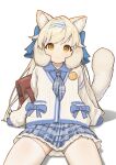  1girl :3 absurdres animal_ears arm_support backpack badge bag blue_bow blue_necktie blue_shirt blue_skirt bow button_badge cardigan cat_ears cat_girl cat_tail chack520 character_request copyright_request hair_bow hair_ribbon highres large_tail long_hair looking_at_viewer necktie plaid plaid_skirt red_bag ribbon shirt sidelocks sitting skirt smile solo tail tareme thighhighs white_background white_cardigan white_hair white_thighhighs yellow_eyes 