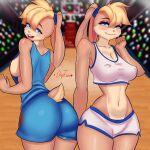 1:1 2021 accessory alternate_version_at_source big_breasts big_butt blonde_hair blue_eyes blurred_background bottomwear breasts butt clothing dogiflan eyebrows eyelashes female floppy_ears hair hair_accessory hairband hi_res lagomorph legs_together leporid lola_bunny looking_at_viewer looney_tunes mammal midriff navel nipple_outline open_mouth open_smile pink_nose rabbit shirt short_hair shorts side_boob smile solo standing tank_top teeth topwear warner_brothers