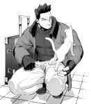  1boy absurdres animal bara boku_no_hero_academia burn_scar cat closed_mouth endeavor_(boku_no_hero_academia) facial_hair fingerless_gloves gloves highres jacket large_pectorals male_focus migi_(mm86262394) muscular muscular_male open_clothes open_jacket pants pectorals scar scar_on_face short_hair solo squatting sweater 