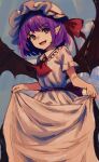  1girl bat_wings bow clothes_lift cloud cloudy_sky commentary dress dress_lift fingernails frilled_hat frills hat hat_bow highres irumina777 jewelry looking_at_viewer mob_cap open_mouth outdoors pendant puffy_short_sleeves puffy_sleeves purple_hair red_bow red_eyes remilia_scarlet ribbon-trimmed_headwear ribbon_trim shirt short_hair short_sleeves sky touhou white_dress white_headwear wings 
