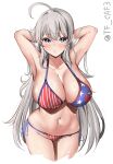  1girl ahoge alternate_costume american_flag american_flag_bikini american_flag_print armpits arms_behind_head bikini blush breasts cleavage collarbone cropped_legs flag_print grey_eyes grey_hair hair_between_eyes highres kantai_collection large_breasts legs_together long_hair looking_at_viewer navel one-hour_drawing_challenge parted_lips print_swimsuit side-tie_bikini_bottom solo swimsuit tears tf_cafe twitter_username very_long_hair washington_(kancolle) white_background 