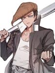  16_(0xhsk16) 1boy bangs baseball_bat black_coat brown_hair coat collarbone commentary_request danganronpa:_trigger_happy_havoc danganronpa_(series) grey_shirt highres holding male_focus oowada_mondo open_clothes open_mouth pompadour purple_eyes shirt simple_background solo translation_request white_background 