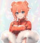  1girl blue_eyes braid breasts china_dress chinese_clothes cleavage cleavage_cutout clenched_teeth clothing_cutout double_bun dress fur_scarf grin hair_bun hair_ribbon highres looking_at_viewer orange_hair ponkan_8 print_dress red_dress ribbon short_hair single_braid smile solo teeth turtleneck_dress upper_body yahari_ore_no_seishun_lovecome_wa_machigatteiru. yuigahama_yui 