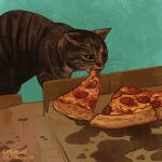 2020 absurd_res ambiguous_gender box catwheezie container domestic_cat eating felid feline felis feral food fur green_background hi_res mammal pizza pizza_box pizza_slice signature simple_background solo tuft whiskers
