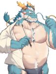 absurd_res anthro belly blue_body body_hair bulge dragon facial_hair hair happy_trail hi_res horn lifewonders male mature_male musclegut navel pecs qinglong solo strawmush tokyo_afterschool_summoners unexpected white_hair yellow_eyes