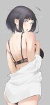  1girl black_bra black_hair black_panties boruto:_naruto_next_generations bra breasts c-eye flying_sweatdrops from_behind grey_background hyuuga_hinata large_breasts looking_back naruto_(series) no_pupils panties purple_eyes shirt solo standing underwear undressing white_shirt 