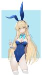  1girl animal_ears blonde_hair blue_archive blue_bow blue_bowtie blue_eyes blue_leotard bow bowtie breasts cleavage closed_mouth detached_collar fake_animal_ears highres leotard long_hair medium_breasts playboy_bunny rabbit_ears siino skindentation thighhighs toki_(blue_archive) toki_(bunny)_(blue_archive) v white_thighhighs wrist_cuffs 