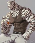  1boy animal_ears arknights bara bare_arms bare_shoulders belt black_belt black_tank_top bulge covered_abs cup drinking_glass furry gentle2nd looking_at_viewer male_focus mountain_(arknights) muscular muscular_male pants pectorals scar scar_across_eye scar_on_arm short_hair sidepec solo spread_legs tank_top thick_thighs thighs tiger_boy tiger_ears tiger_stripes tight tight_pants white_fur white_pants 