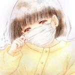  1girl brown_eyes brown_hair cohaqur coughing hand_up highres looking_at_viewer mask original shirt short_hair sick solo upper_body white_background yellow_shirt 