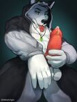 anthro aroused balls bodily_fluids canid canine canis clothing cum fangs genital_fluids genitals girthy hi_res knot male male/male mammal muscular muscular_male nikittyiringiro onesie onesie_open penis precum solo teeth wolf