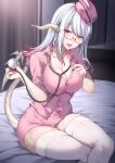  1girl au_ra bed_sheet blush breasts brown_eyes ceiling_light cleavage collar collared_shirt dragon_horns dragon_tail eiji_saeki feet_out_of_frame final_fantasy final_fantasy_xiv fingernails glass hat heterochromia highres holding_stethoscope horns indoors infirmary large_breasts lipstick long_fingernails looking_at_viewer makeup midriff_peek multicolored_hair navel nurse_cap on_bed open_mouth partially_unbuttoned pink_collar pink_eyes pink_shirt pink_skirt presenting_breasts scales shirt skirt solo streaked_hair tail thighhighs warrior_of_light_(ff14) white_thighhighs 