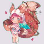  1girl animal_ears aqua_outline argyle argyle_veil bag berry blue_eyes blue_veil blunt_bangs blunt_ends blush branch chibi eyelashes floral_print grey_background highres holding_acorn japanese_clothes kimono large_tail long_sleeves looking_at_viewer marking_on_cheek obi onmyoji open_mouth original oversized_object pink_hair pink_kimono pink_sleeves sash short_hair short_kimono shoulder_bag simple_background sleeves_past_elbows solo squirrel_ears squirrel_tail tail two-sided_veil watch white_bag white_veil wide_sleeves wristwatch yanmian_(printemps-noir) 
