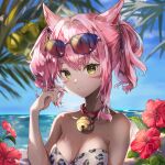  1girl animal_ears bell bikini breasts cat_ears closed_mouth dark_skin earrings eyewear_on_head final_fantasy final_fantasy_xiv green_eyes hand_in_own_hair highres jewelry jingle_bell koreyoshin long_bangs looking_at_viewer miqo&#039;te nail_polish neck_bell ocean palm_tree pink_hair short_twintails small_breasts solo sunglasses swimsuit toenail_polish toenails tree twintails upper_body 