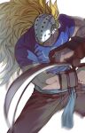  1boy absurdres blonde_hair blue_shirt commentary_request ehghkwl1694 facial_hair facial_hair_through_mask goatee highres hockey_mask holding holding_weapon killer_(one_piece) korean_commentary long_hair male_focus mask one_piece shirt short_sleeves simple_background solo weapon white_background 