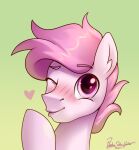  &lt;3 2021 ambiguous_gender blowing_kiss blush english_text equid equine eyebrow_through_hair eyebrows fan_character feral fur green_background hair hasbro hi_res hooves horse inner_ear_fluff jedayskayvoker looking_at_viewer mammal mane my_little_pony one_eye_closed pink_eyes pink_mane pony portrait quadruped signature simple_background sketchbook_(bonandsketch) solo text translucent translucent_hair tuft white_body white_fur wink 
