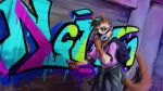 absurd_res anthro canid canine canis clothed clothing domestic_dog female fully_clothed gas_mask graffiti_on_wall hi_res lexi_(drawlexia) looking_at_viewer mammal mask paint_can painterly painting_(artwork) painting_on_wall red_eyes solo sydney_onmars traditional_media_(artwork)