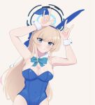  1girl animal_ears blonde_hair blue_archive blue_eyes blue_hair blue_leotard blush bow bowtie breasts cleavage collar detached_collar fake_animal_ears highres kempowder leotard long_hair medium_breasts multicolored_hair non-web_source official_alternate_costume playboy_bunny rabbit_ears self-upload smile solo strapless strapless_leotard streaked_hair toki_(blue_archive) toki_(bunny)_(blue_archive) v white_collar white_wrist_cuffs wrist_cuffs 