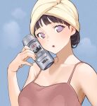  1girl alcohol beer_can black_hair boruto:_naruto_next_generations c-eye camisole can drink_can drying drying_hair holding holding_can hyuuga_hinata looking_at_viewer naruto_(series) no_pupils pink_camisole purple_eyes solo steam towel towel_on_head 