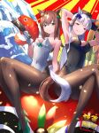  2girls alternate_costume armpits arms_up black_leotard blush bow breasts brown_hair cleavage closed_mouth commentary_request crossed_legs ear_bow ear_ornament feet_out_of_frame fishnet_pantyhose fishnets gold_ship_(umamusume) green_eyes green_footwear grey_hair hair_between_eyes high_heels highres just_a_way_(racehorse) large_breasts legs leotard long_hair multicolored_hair multiple_girls nontraditional_playboy_bunny paddle pantyhose pillbox_hat purple_bow purple_eyes saikuu smile streaked_hair tongue tongue_out translation_request umamusume waves 