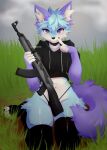 &lt;3 &lt;3_eyes 2023 anthro artist_name blue_body blue_eyes blue_fur canid canine digital_media_(artwork) fox front_view fur grass gun hi_res holding_gun holding_object holding_weapon inner_ear_fluff mammal navel plant purple_tail ranged_weapon solo spraykitty tail tuft weapon white_body white_fur