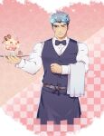  1boy apron bara belt black_vest blue_eyes blue_fire blue_hair blush bow bowtie butler cloth cowboy_shot fiery_hair fire forked_eyebrows holding holding_tray kqq8 looking_at_viewer male_focus muscular muscular_male navel official_alternate_costume one_eye_closed pectorals pink_background scar scar_on_cheek scar_on_face shirt short_hair solo thick_eyebrows toji_(tokyo_houkago_summoners) tokyo_houkago_summoners tray vest waist_apron white_shirt 
