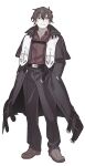  122pxsheol 1boy beard_stubble belt black_coat black_pants brown_hair coat frown gregor_cornish hands_in_pockets happy_saint_sheol highres looking_at_viewer official_art pants red_shirt scarf semi-rimless_eyewear serious shirt solo standing white_scarf 